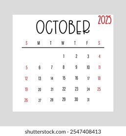 Octubre 2025 Semana mensual de diseño del calendario comienza desde el domingo