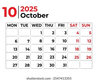 Octubre 2025 Semana mensual de diseño del calendario comienza desde el domingo