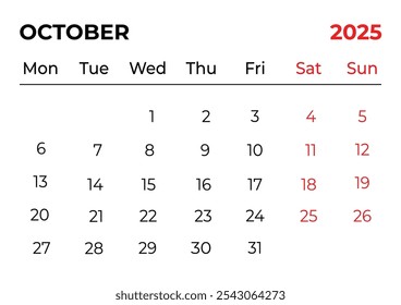 Octubre 2025 Diseño mensual del calendario de oficina con un aspecto limpio y la semana comienza desde el domingo