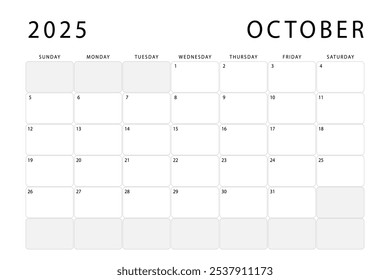 October 2025 monthly planner. Calendar template. Sunday start. Vector design