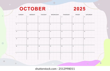 October 2025 monthly planner. Cute calendar template. Sunday start. Vector design