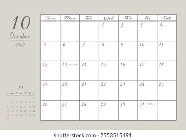 October 2025 Stylish writing calendar

In Japanese, it says "Sports Day", "Halloween", and "substitute holiday"