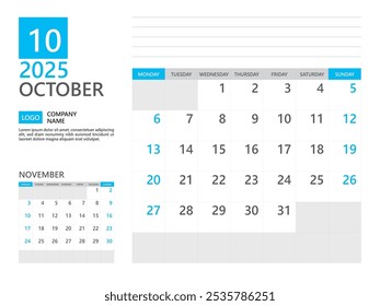 October 2025 template, Calendar planner 2025, week start on Monday, Desk calendar 2025 year, simple planner and clean design, Wall calendar design, Corporate planner template, Business template
