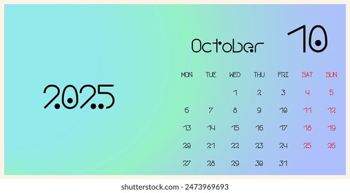 October 2025 template calendar. Trendy gradient background. The week begins on Monday. Ideal for planners, desk calendars, wall calendars, print media, advertisements, and office stationery