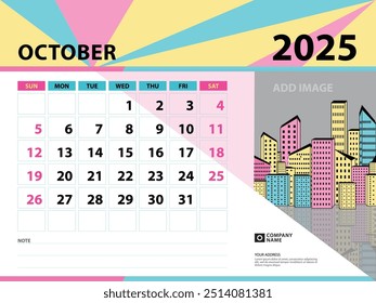 October 2025 template - Calendar 2025 year design, Desk calendar 2025 year, Planner, Week starts on Sunday, Wall calendar design, Stationery design, vintage background vector eps10