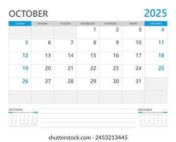 October 2025 year, Calendar planner 2025 and Set of 12 Months, week start on Sunday. Desk calendar 2025 design, simple and clean design, Wall calendar, Corporate design planner template vector