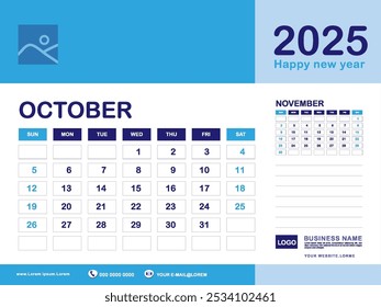 October 2025 year, Calendar planner 2025 and Set of 12 Months, week start on Sunday. Desk calendar 2025 design, simple, Wall calendar, Corporate design planner template vector, blue background