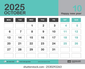 October 2025 year, Calendar 2025 template, week start on monday, Desk calendar 2024 design, simple, Wall calendar, Corporate design planner template vector, printing media, Green background