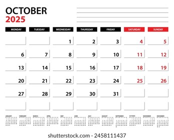 Octubre 2025 Plantilla del planificador anual, calendario 2025 Plantilla, planificadores mensuales y anuales. agenda del organizador. inicio de la semana lunes, Plantilla del planificador corporativo, calendario del escritorio 2025, Ilustración vectorial