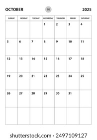 October 2025 year planner template, calendar 2025 desgin, monthly and yearly planners. organizer diary. week start Sunday, corporate planner template, Desk calendar 2025, vertical layout, vector
