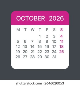 October 2026 Calendar Leaf - Illustration. Vector graphic page