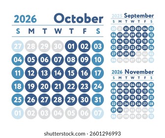 October 2026 calendar. New year planner design. English calender. Blue color vector template. Week starts on Sunday. Business planning. 