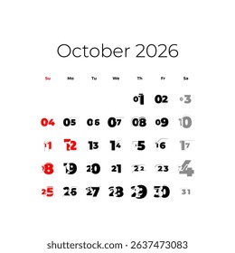 October 2026 calendar for USA vector