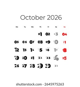 October 2026 calendar. The week starts on Monday, vector