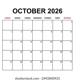 october 2026 with holydays or red dates. monthly calendar design with week starts on sunday. printable, simple, and clean vector design isolated on white background.