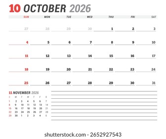 Outubro 2026 Modelo de calendário mensal para planejamento e organização apresenta estrutura minimalista para programação eficaz. A semana começa no domingo. Perfeito para freelancers e equipes