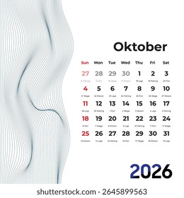Outubro 2026 O calendário Weton apresenta a profundidade espiritual da cultura javanesa com visuais de ondas suaves, ideais para o aterramento diário e conscientização.