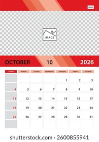 October 2026 year template, Calendar 2026 design vector, Desk calendar 2026, planner monthly design, Wall calendar, Vertical poster template, Week Starts on Sunday, printing media, red background