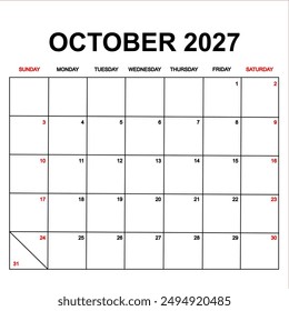 october 2027 with holydays or red dates. monthly calendar design with week starts on sunday. printable, simple, and clean vector design isolated on white background.