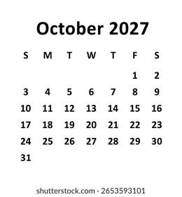 Outubro de 2027. design de calendário mensal. semana começa no domingo. design de vetor imprimível, editável, simples e limpo isolado no fundo branco.