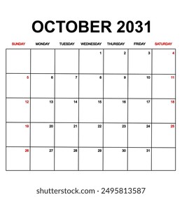 october 2031. Calendar with holydays or red dates. monthly calendar design with week starts on sunday. printable, simple, and clean vector design isolated on white background.