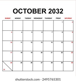 october 2032. Calendar with holydays or red dates. monthly calendar design with week starts on sunday. printable, simple, and clean vector design isolated on white background.