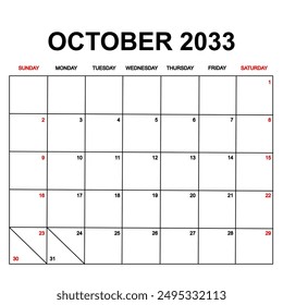 october 2033. Calendar with holydays or red dates. monthly calendar design with week starts on sunday. printable, simple, and clean vector design isolated on white background.