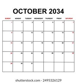 october 2034. Calendar with holydays or red dates. monthly calendar design with week starts on sunday. printable, simple, and clean vector design isolated on white background.