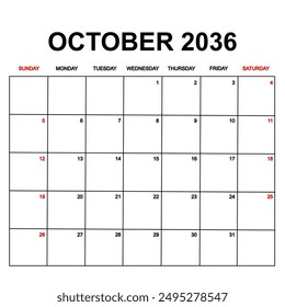 october 2036. Calendar with holydays or red dates. monthly calendar design with week starts on sunday. printable, simple, and clean vector design isolated on white background.