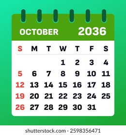 October 2036 Calendar Layout. Monthly planner. October 2036 Vector Template. Flat calendar illustration