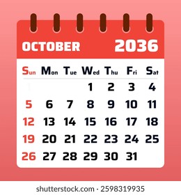 October 2036 Calendar Vector. October 2036 Monthly Layout. Flat vector illustration