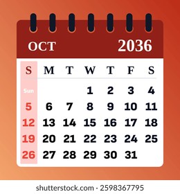 October 2036 Calendar Vector. Planner. October 2036 Monthly Template. Flat calendar illustration