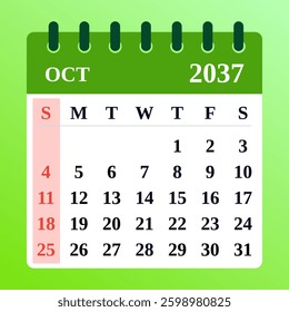October 2037 Calendar Layout. Planner. Modern and minimalist design. Vector illustration