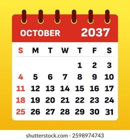 October 2037 Monthly Calendar. October planner. October 2037 Calendar Template. Flat vector design
