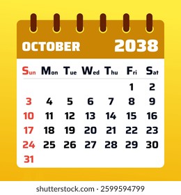 October 2038 Calendar Template. Monthly planner for festive schedules. October 2038 layout. Vector illustration