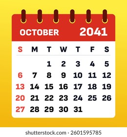 October 2041 Calendar Template. Vector illustration of October planner. October 2041 Monthly Planner. Flat design