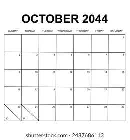 october 2044. monthly calendar design. week starts on sunday. printable, simple, and clean vector design isolated on white background.