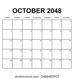 october 2048. monthly calendar design. week starts on sunday. printable, simple, and clean vector design isolated on white background.