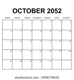 october 2052. monthly calendar design. week starts on sunday. printable, simple, and clean vector design isolated on white background.
