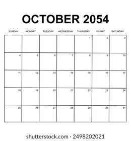 october 2054. monthly calendar design. week starts on sunday. printable, simple, and clean vector design isolated on white background.