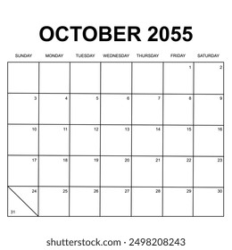 october 2055. monthly calendar design. week starts on sunday. printable, simple, and clean vector design isolated on white background.