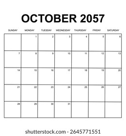 Outubro de 2057. design de calendário mensal. semana começa no domingo. design de vetor imprimível, editável, simples e limpo isolado no fundo branco.