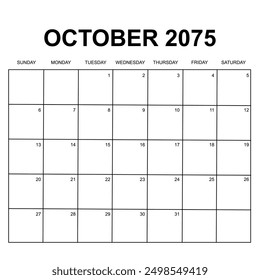 october 2075. monthly calendar design. week starts on sunday. printable, simple, and clean vector design isolated on white background.