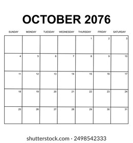 october 2076. monthly calendar design. week starts on sunday. printable, simple, and clean vector design isolated on white background.