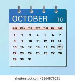 October 21. Flat icon calendar isolated on blue background. Date and month vector illustration