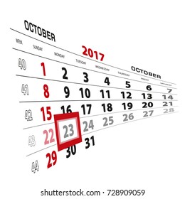 October 23, highlighted on 2017 calendar. Week starts from Sunday. Vector Illustration.