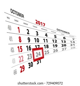 October 24, highlighted on 2017 calendar. Week starts from Sunday. Vector Illustration.