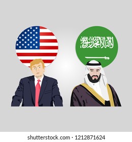 October 25, 2018: Editorial Vector Illustration Of The USA President Donald Trump And The Crown Prince Of Saudi Arabia Mohammad Bin Salman Al Saud