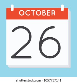 October 26. Calendar icon. Vector illustration in flat design isolated in blue background. Date and time, day, month.