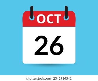 26 de octubre. Calendario de icono plano aislado en fondo azul. Ilustración vectorial de fecha y mes